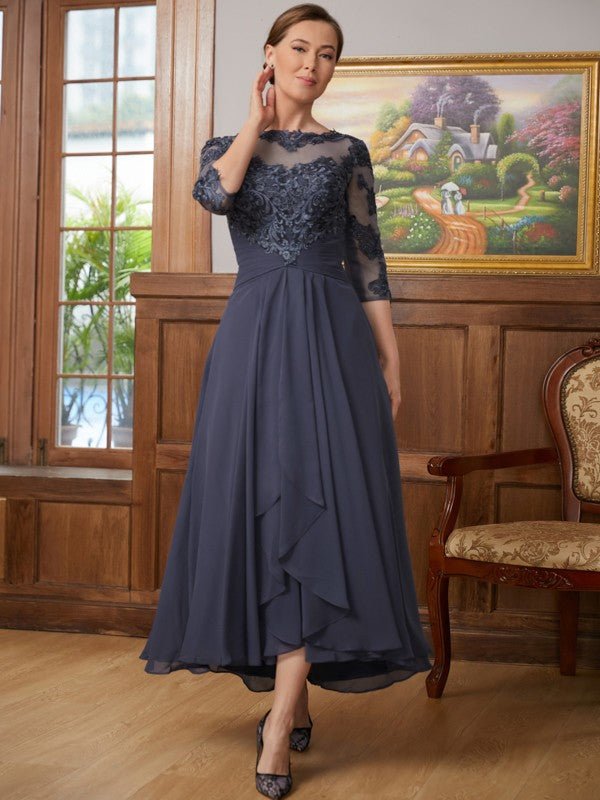 NumberSea - A - Line/Princess Chiffon Applique Scoop 3/4 Sleeves Asymmetrical Mother of the Bride Dresses