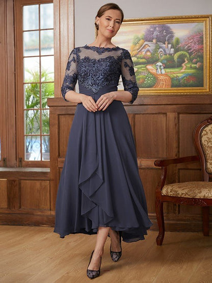 NumberSea - A - Line/Princess Chiffon Applique Scoop 3/4 Sleeves Asymmetrical Mother of the Bride Dresses