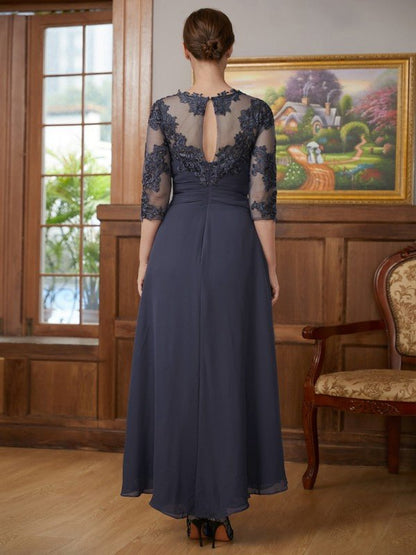 NumberSea - A - Line/Princess Chiffon Applique Scoop 3/4 Sleeves Asymmetrical Mother of the Bride Dresses