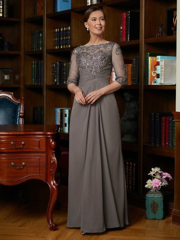 NumberSea - A - Line/Princess Chiffon Applique Scoop 3/4 Sleeves Floor - Length Mother of the Bride Dresses