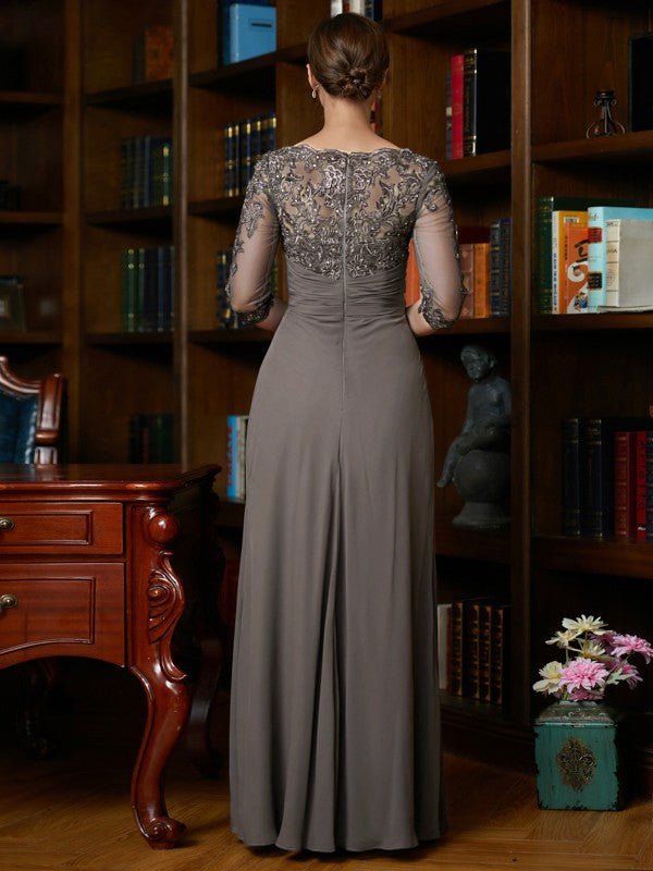 NumberSea - A - Line/Princess Chiffon Applique Scoop 3/4 Sleeves Floor - Length Mother of the Bride Dresses