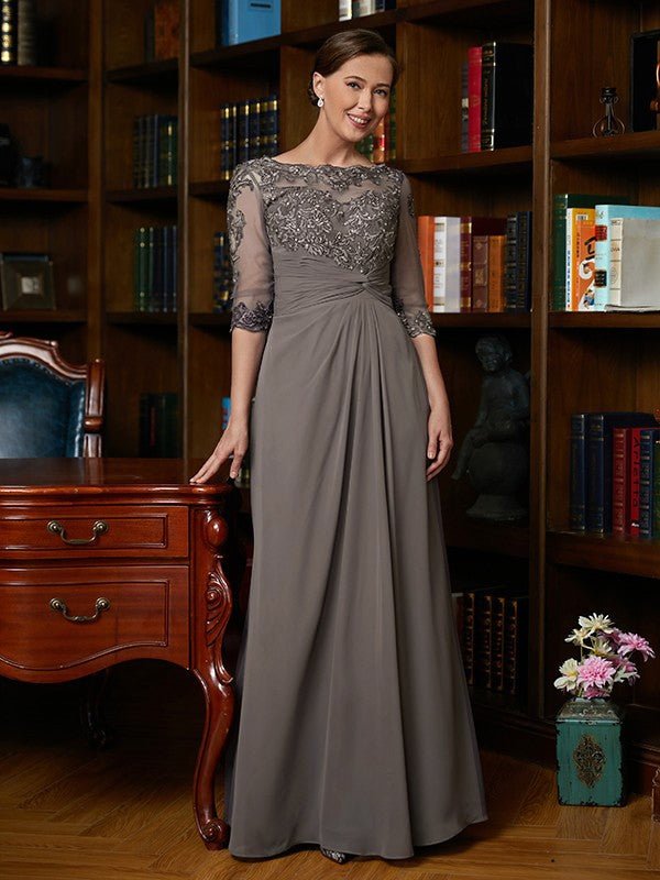 NumberSea - A - Line/Princess Chiffon Applique Scoop 3/4 Sleeves Floor - Length Mother of the Bride Dresses