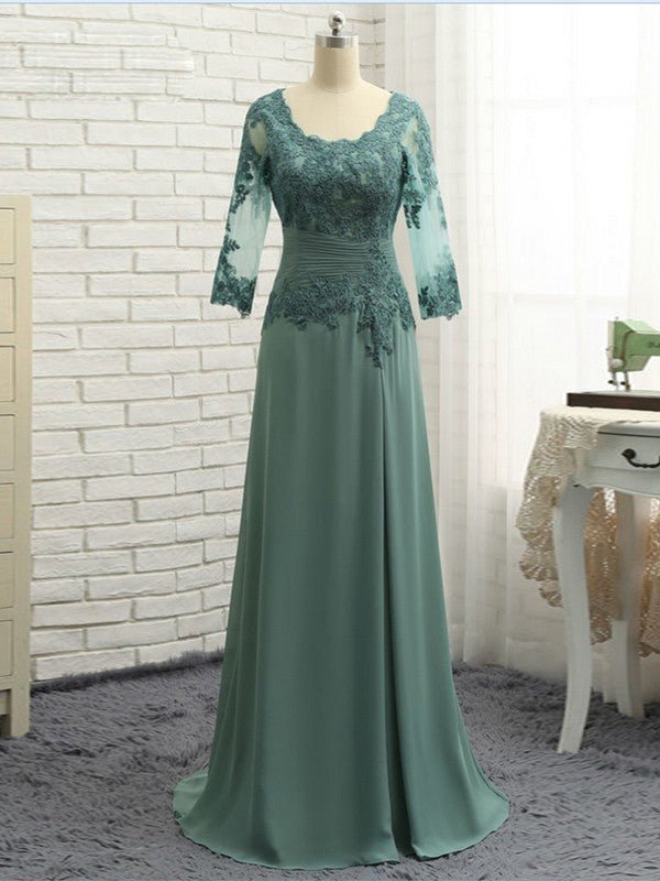 NumberSea - A - Line/Princess Chiffon Applique Scoop 3/4 Sleeves Sweep/Brush Train Mother of the Bride Dresses