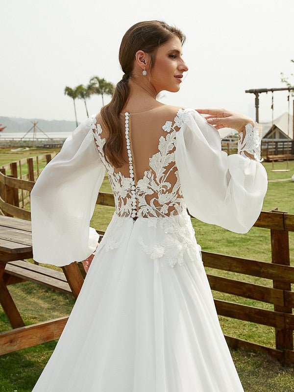 NumberSea - A - Line/Princess Chiffon Applique Scoop Long Sleeves Chapel Train Wedding Dresses