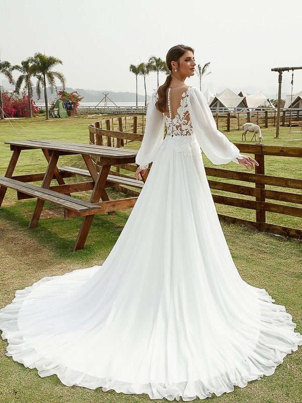 NumberSea - A - Line/Princess Chiffon Applique Scoop Long Sleeves Chapel Train Wedding Dresses