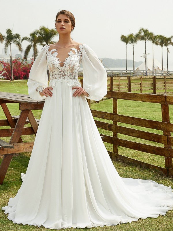 NumberSea - A - Line/Princess Chiffon Applique Scoop Long Sleeves Chapel Train Wedding Dresses