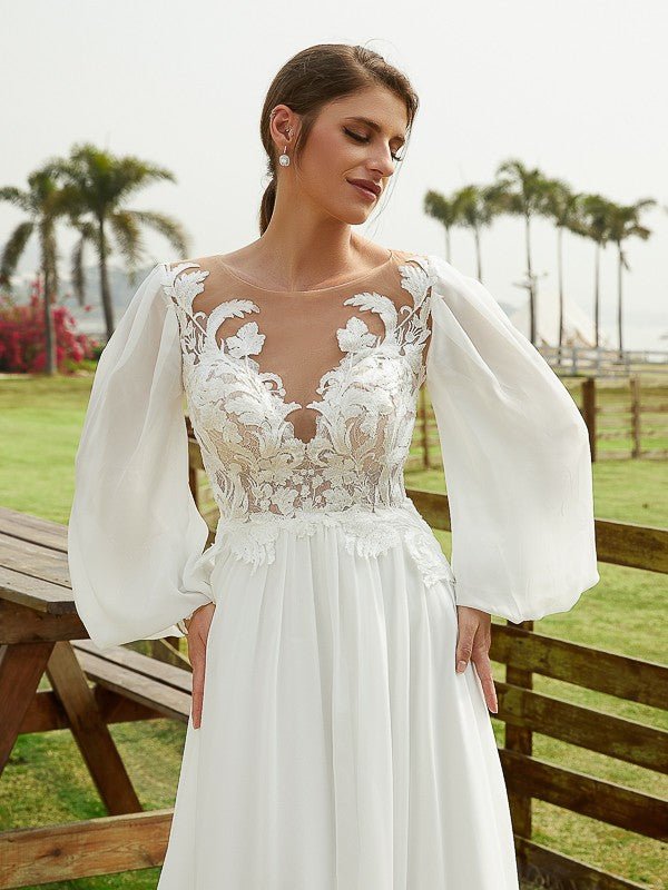 NumberSea - A - Line/Princess Chiffon Applique Scoop Long Sleeves Chapel Train Wedding Dresses