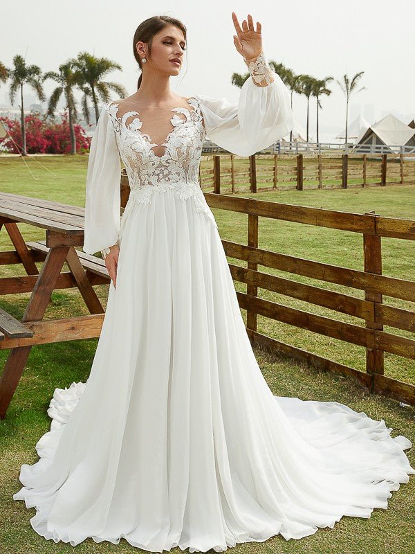 NumberSea - A - Line/Princess Chiffon Applique Scoop Long Sleeves Chapel Train Wedding Dresses