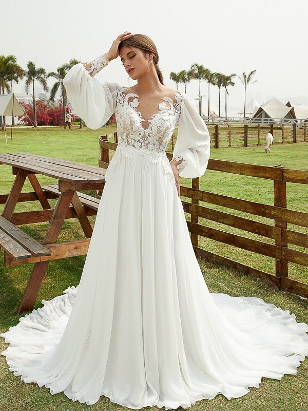 NumberSea - A - Line/Princess Chiffon Applique Scoop Long Sleeves Chapel Train Wedding Dresses