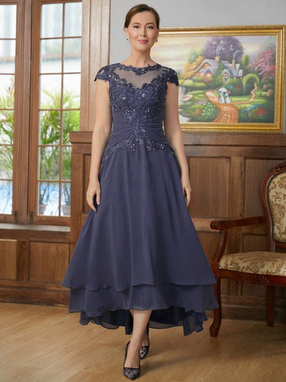 NumberSea - A - Line/Princess Chiffon Applique Scoop Short Sleeves Asymmetrical Mother of the Bride Dresses