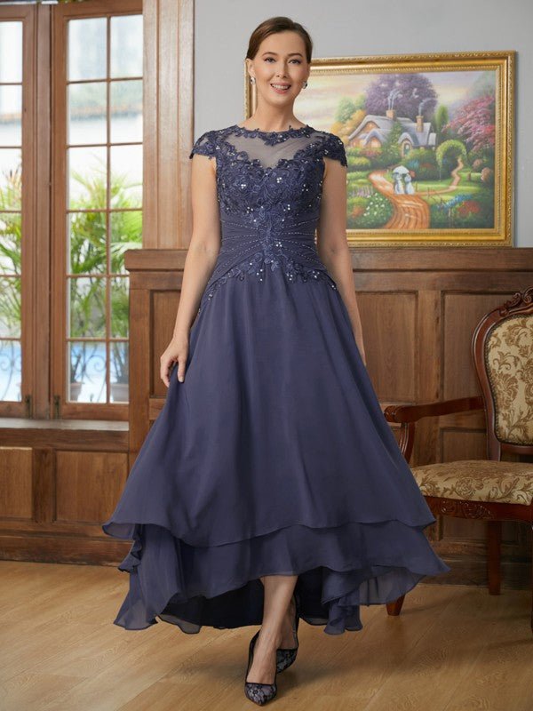 NumberSea - A - Line/Princess Chiffon Applique Scoop Short Sleeves Asymmetrical Mother of the Bride Dresses