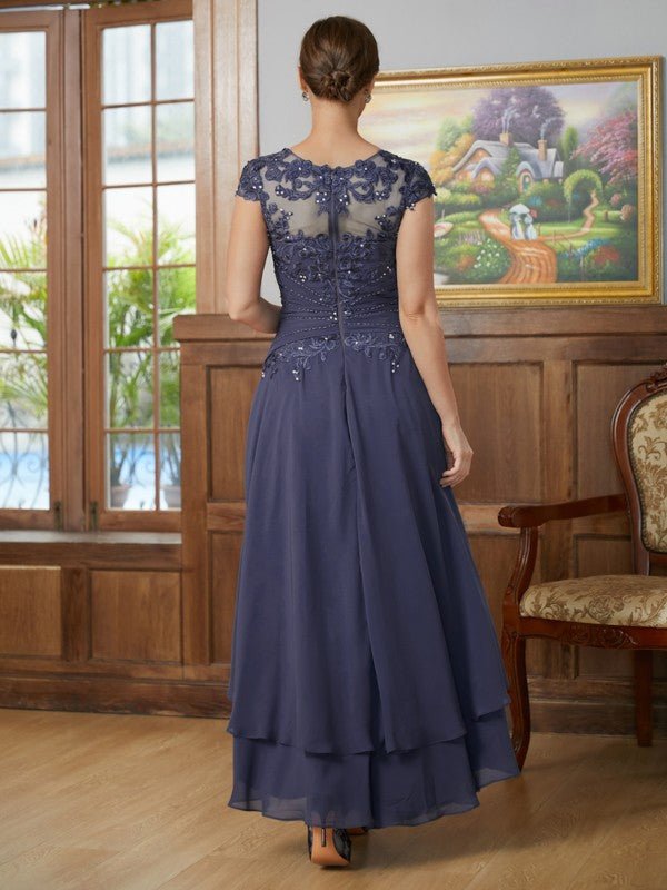 NumberSea - A - Line/Princess Chiffon Applique Scoop Short Sleeves Asymmetrical Mother of the Bride Dresses