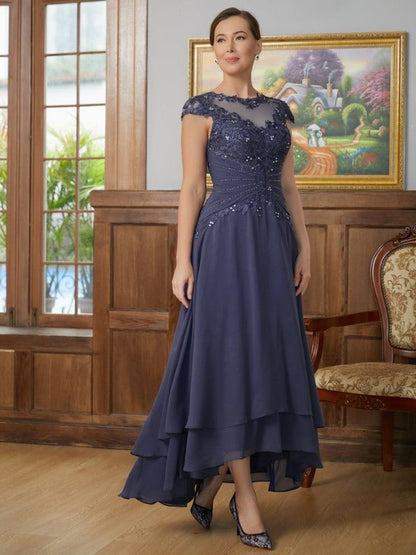 NumberSea - A - Line/Princess Chiffon Applique Scoop Short Sleeves Asymmetrical Mother of the Bride Dresses