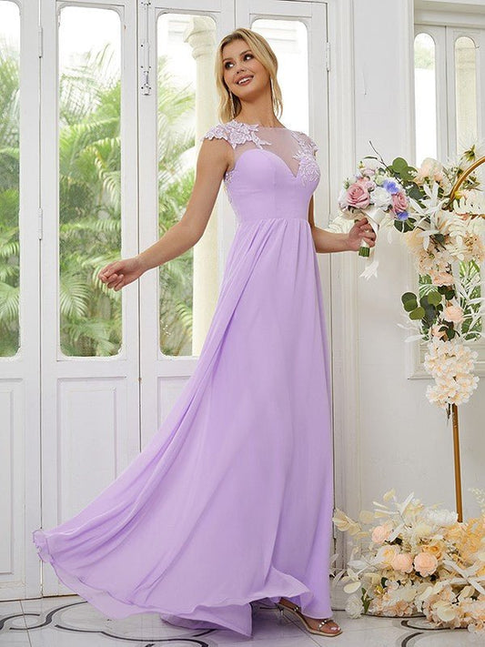 NumberSea - A - Line/Princess Chiffon Applique Scoop Short Sleeves Floor - Length Bridesmaid Dresses