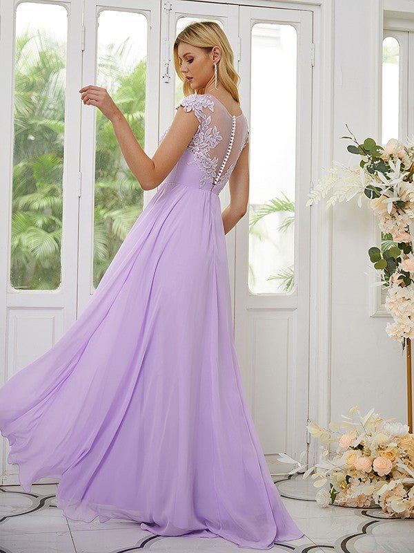 NumberSea - A - Line/Princess Chiffon Applique Scoop Short Sleeves Floor - Length Bridesmaid Dresses