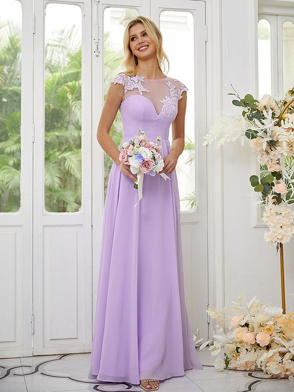 NumberSea - A - Line/Princess Chiffon Applique Scoop Short Sleeves Floor - Length Bridesmaid Dresses