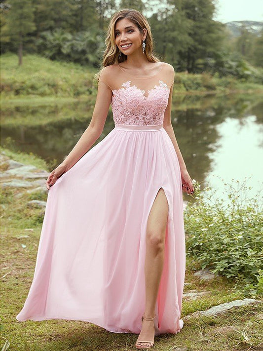 NumberSea - A - Line/Princess Chiffon Applique Scoop Short Sleeves Floor - Length Bridesmaid Dresses