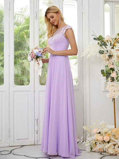 NumberSea - A - Line/Princess Chiffon Applique Scoop Short Sleeves Floor - Length Bridesmaid Dresses