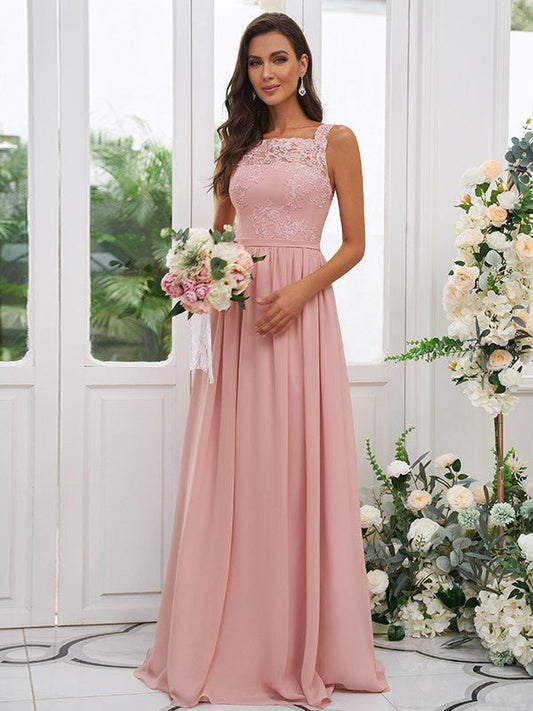 NumberSea - A - Line/Princess Chiffon Applique Square Sleeveless Floor - Length Bridesmaid Dresses