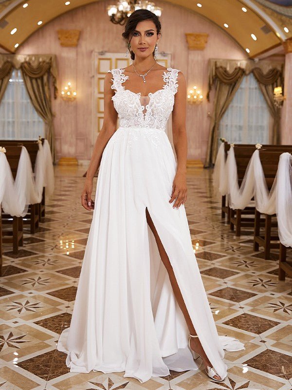 NumberSea - A - Line/Princess Chiffon Applique Straps Sleeveless Sweep/Brush Train Wedding Dresses