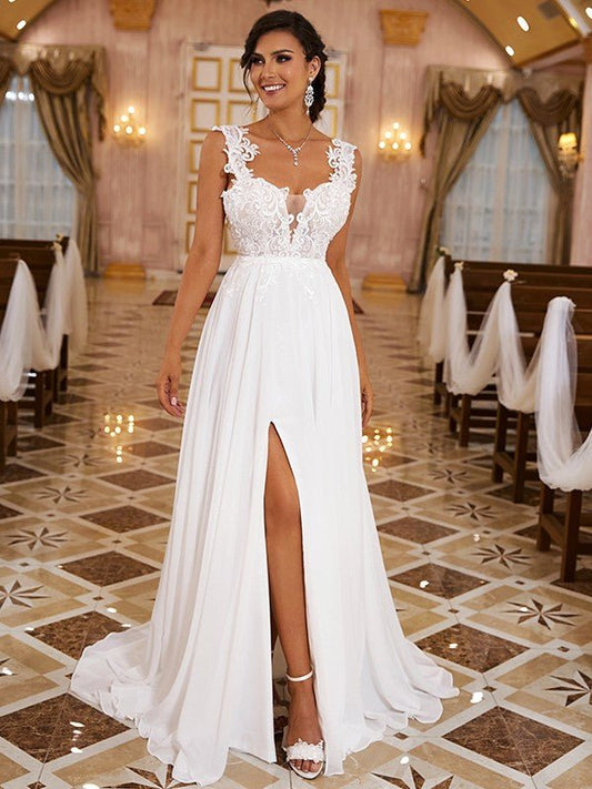 NumberSea - A - Line/Princess Chiffon Applique Straps Sleeveless Sweep/Brush Train Wedding Dresses