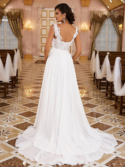 NumberSea - A - Line/Princess Chiffon Applique Straps Sleeveless Sweep/Brush Train Wedding Dresses