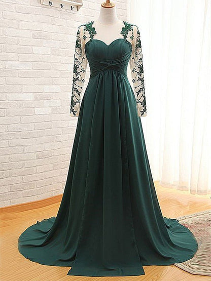 NumberSea - A - Line/Princess Chiffon Applique Sweetheart Long Sleeves Sweep/Brush Train Mother of the Bride Dresses