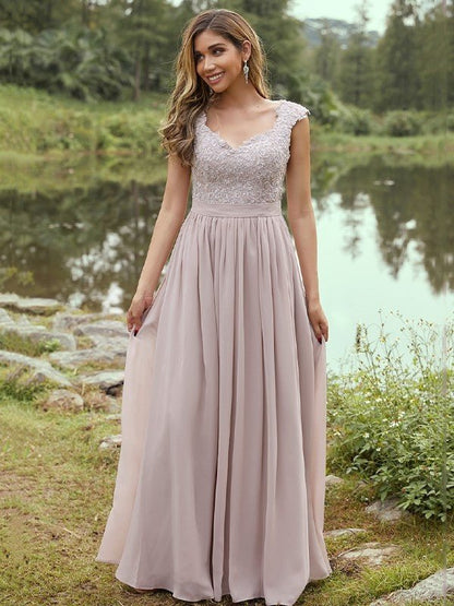 NumberSea - A - Line/Princess Chiffon Applique Sweetheart Sleeveless Floor - Length Bridesmaid Dresses