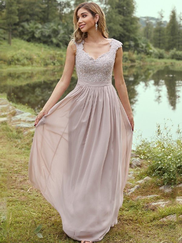 NumberSea - A - Line/Princess Chiffon Applique Sweetheart Sleeveless Floor - Length Bridesmaid Dresses