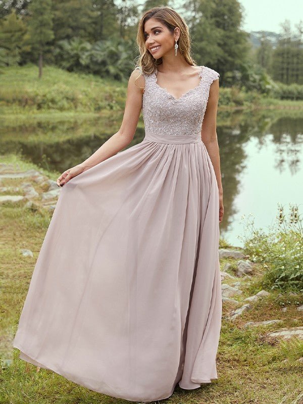 NumberSea - A - Line/Princess Chiffon Applique Sweetheart Sleeveless Floor - Length Bridesmaid Dresses