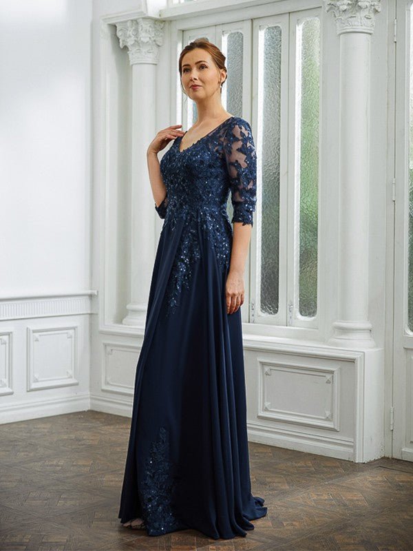 NumberSea - A - Line/Princess Chiffon Applique V - neck 3/4 Sleeves Floor - Length Mother of the Bride Dresses