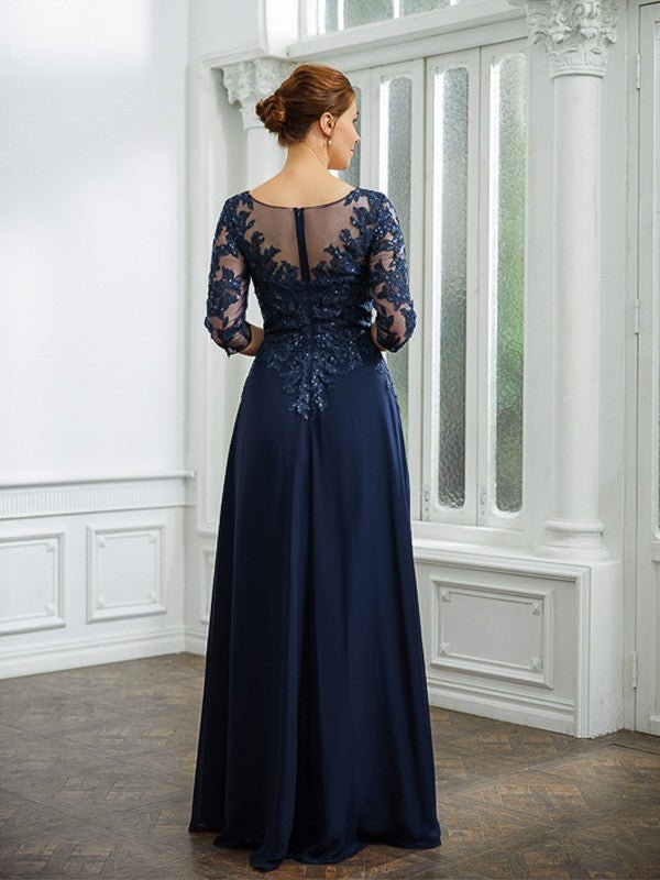 NumberSea - A - Line/Princess Chiffon Applique V - neck 3/4 Sleeves Floor - Length Mother of the Bride Dresses