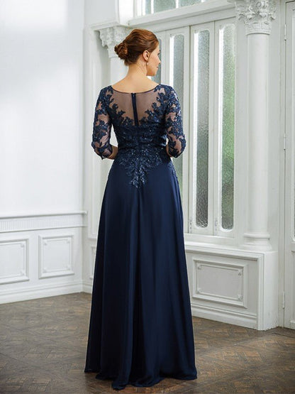 NumberSea - A - Line/Princess Chiffon Applique V - neck 3/4 Sleeves Floor - Length Mother of the Bride Dresses