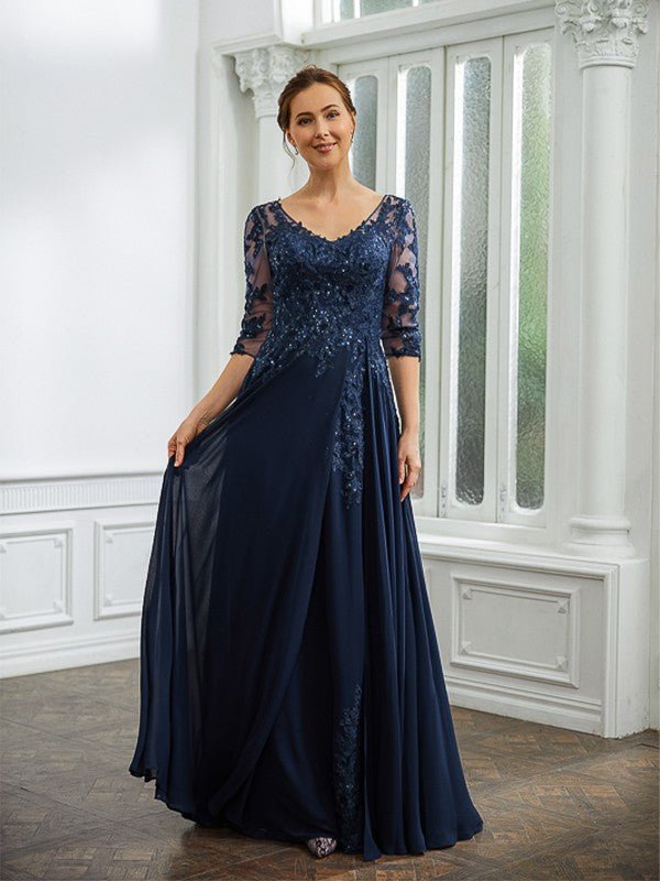 NumberSea - A - Line/Princess Chiffon Applique V - neck 3/4 Sleeves Floor - Length Mother of the Bride Dresses