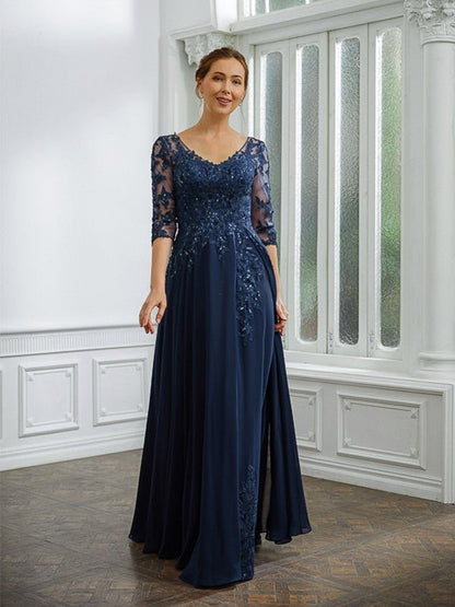 NumberSea - A - Line/Princess Chiffon Applique V - neck 3/4 Sleeves Floor - Length Mother of the Bride Dresses