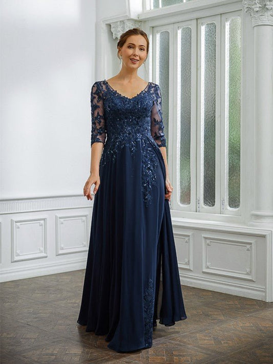 NumberSea - A - Line/Princess Chiffon Applique V - neck 3/4 Sleeves Floor - Length Mother of the Bride Dresses