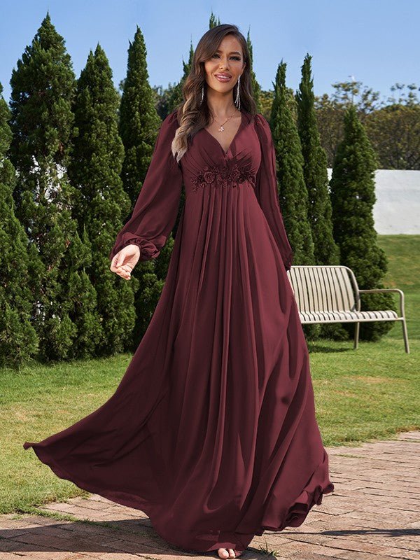 NumberSea - A - Line/Princess Chiffon Applique V - neck Long Sleeves Floor - Length Bridesmaid Dresses