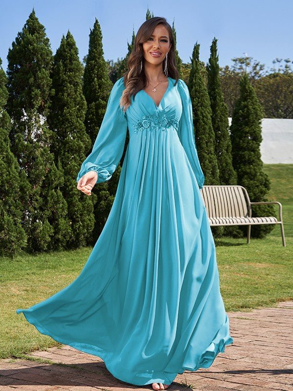 NumberSea - A - Line/Princess Chiffon Applique V - neck Long Sleeves Floor - Length Bridesmaid Dresses