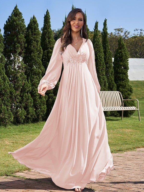 NumberSea - A - Line/Princess Chiffon Applique V - neck Long Sleeves Floor - Length Bridesmaid Dresses