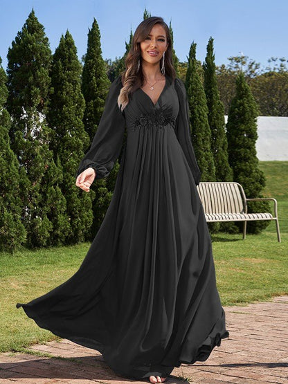 NumberSea - A - Line/Princess Chiffon Applique V - neck Long Sleeves Floor - Length Bridesmaid Dresses