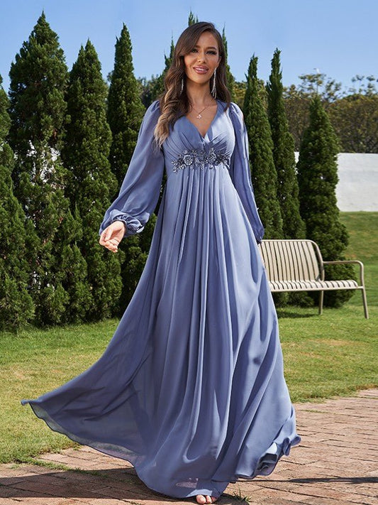 NumberSea - A - Line/Princess Chiffon Applique V - neck Long Sleeves Floor - Length Bridesmaid Dresses