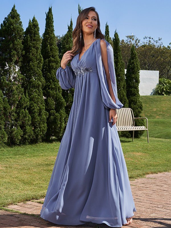 NumberSea - A - Line/Princess Chiffon Applique V - neck Long Sleeves Floor - Length Bridesmaid Dresses