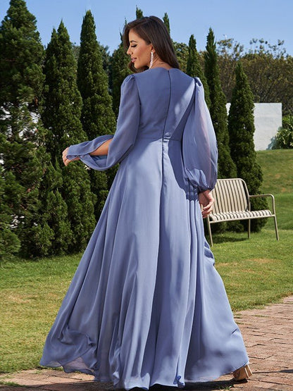 NumberSea - A - Line/Princess Chiffon Applique V - neck Long Sleeves Floor - Length Bridesmaid Dresses