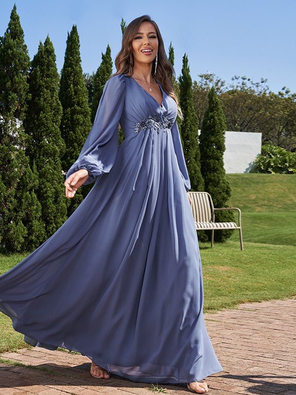 NumberSea - A - Line/Princess Chiffon Applique V - neck Long Sleeves Floor - Length Bridesmaid Dresses