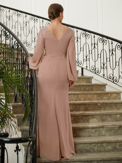 NumberSea - A - Line/Princess Chiffon Applique V - neck Long Sleeves Floor - Length Mother of the Bride Dresses