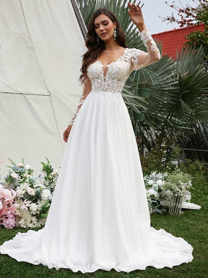 NumberSea - A - Line/Princess Chiffon Applique V - neck Long Sleeves Sweep/Brush Train Wedding Dresses