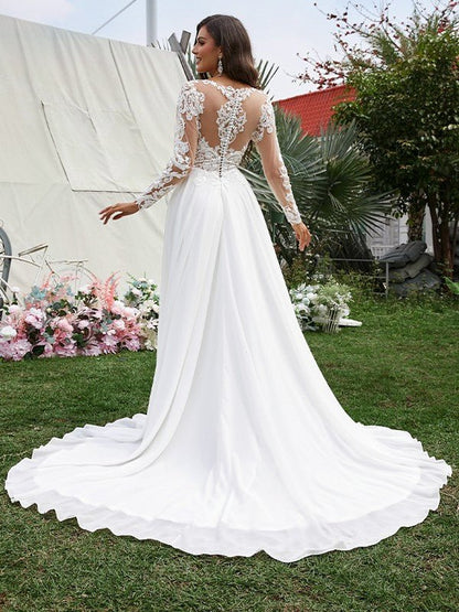 NumberSea - A - Line/Princess Chiffon Applique V - neck Long Sleeves Sweep/Brush Train Wedding Dresses