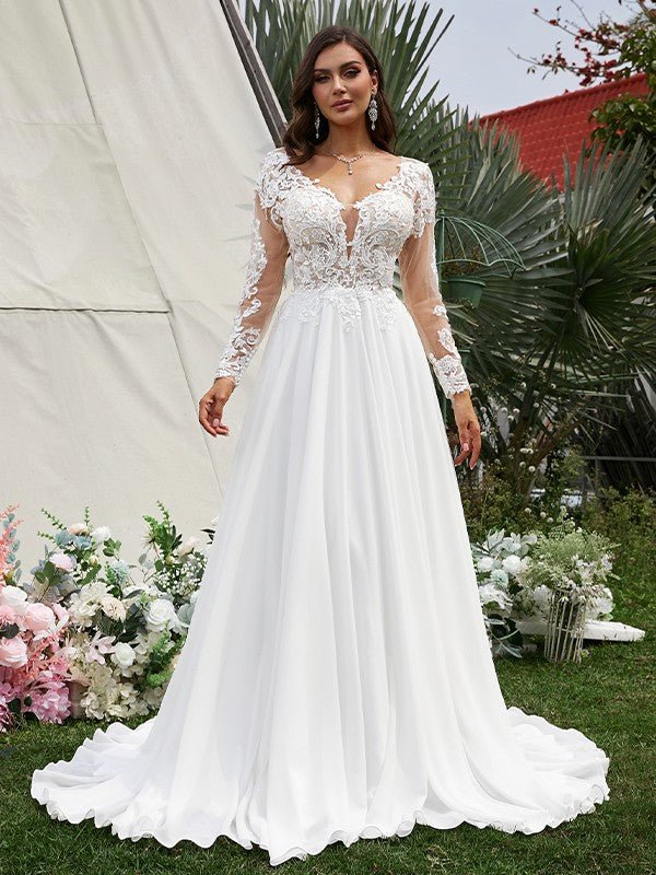 NumberSea - A - Line/Princess Chiffon Applique V - neck Long Sleeves Sweep/Brush Train Wedding Dresses