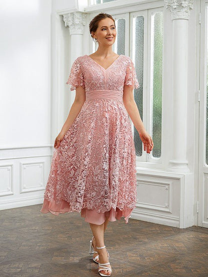 NumberSea - A - Line/Princess Chiffon Applique V - neck Short Sleeves Tea - Length Dresses