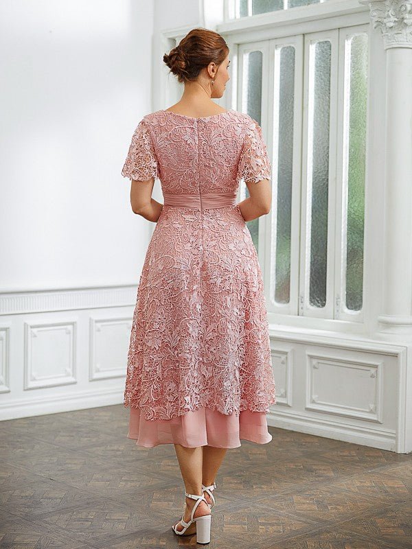 NumberSea - A - Line/Princess Chiffon Applique V - neck Short Sleeves Tea - Length Dresses